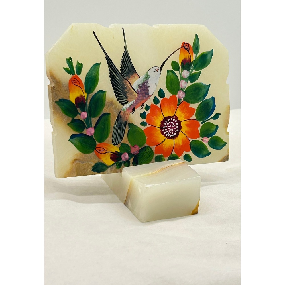 Vintage Mexican Onyx Hand Painted Hummingbird Floral Stone Art Slab with Base - Picture 6 of 8